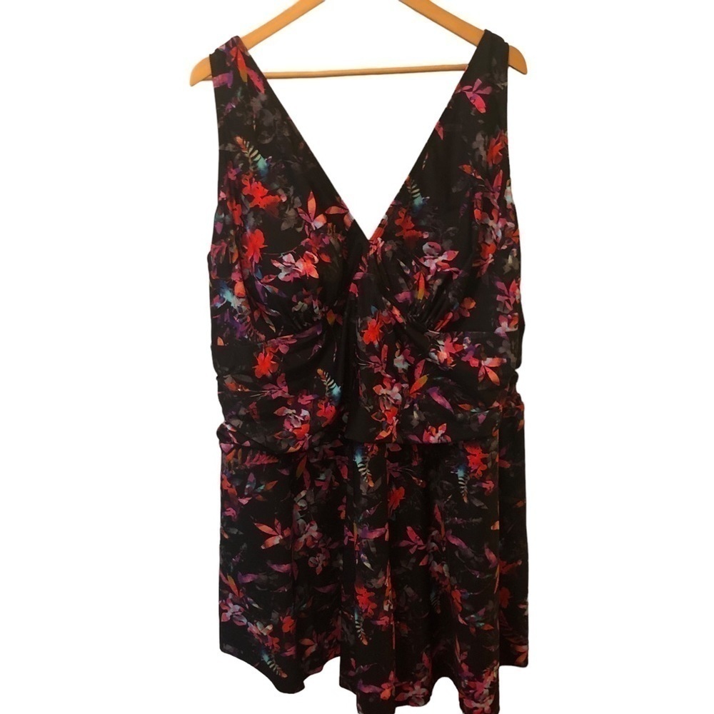 Torrid Floral Swimdress 6X/30 Black Coral Violet Halter Top Inner Bra Skirted